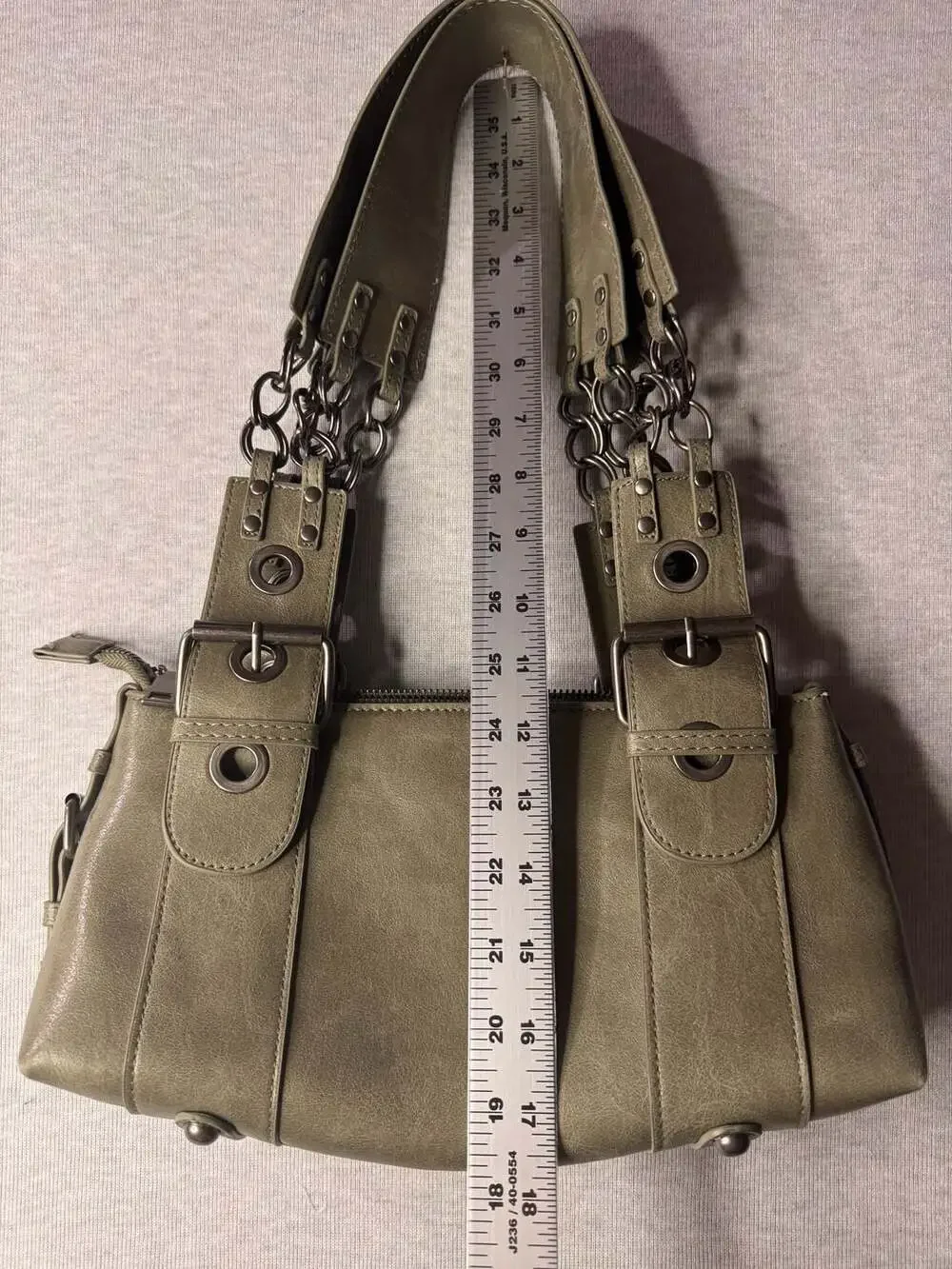 Silence & Noise Faux Leather Shoulder Bag in Sage Green with Buckle and Chain De